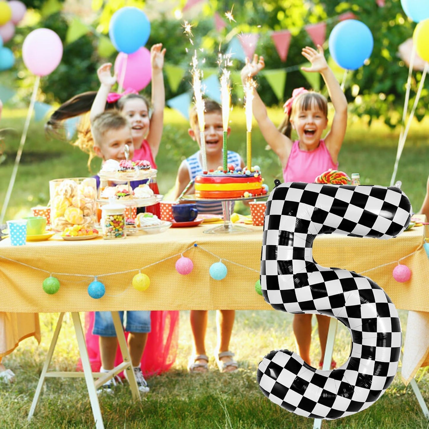 40 Inch Checkered Number Balloon - Race Flag Pattern Big Helium Balloon for Birthday Party Decorations - Black & White Balloon for Kids Adults Party Supplies (Racing Car, Number 5)