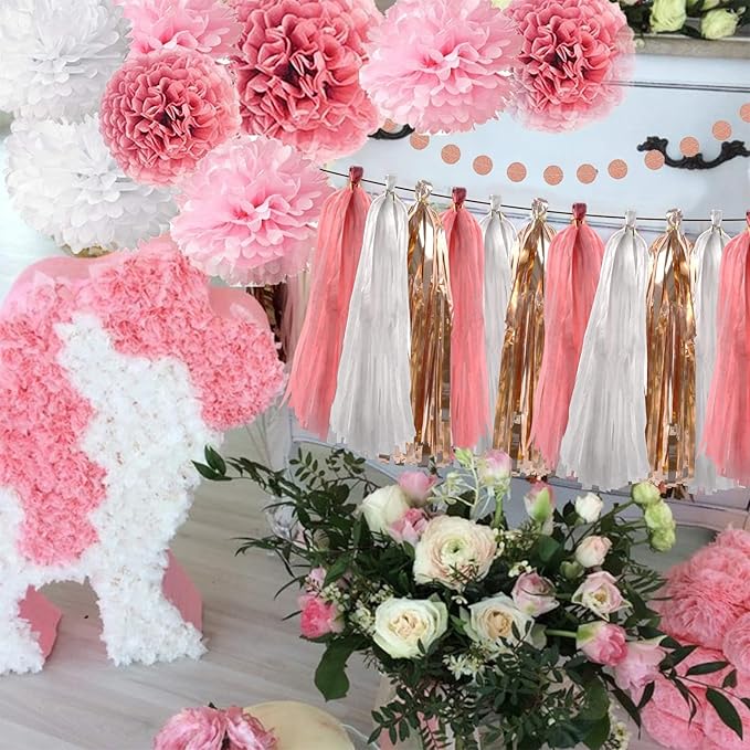 OuMuaMua Pink Rose Gold Birthday Party Decorations Set, Rose Gold Glittery Happy Birthday banner, Tissue Paper Pom, Circle Dots Garland and Tassel Garland for BDAY Party Decorations