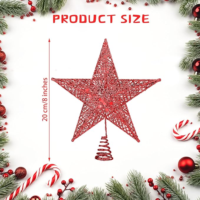 Fovths Christmas Tree Topper 8 Inches Metal Glittered Christmas Tree Topper Wire Star Treetop Sparkle Xmas Decoration for Christmas Tree Ornament Indoor New Year Holiday Party Supplies (Red)