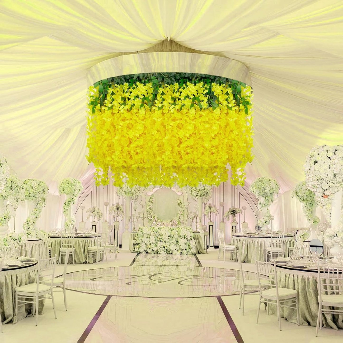 36 Pack Yellow Wisteria Hanging Flowers, 3.44 Ft Fake Hanging Flowers, Artificial Wisteria Garland Vines for Wedding Room Backdrop Outdoor Patio Garden Decoration