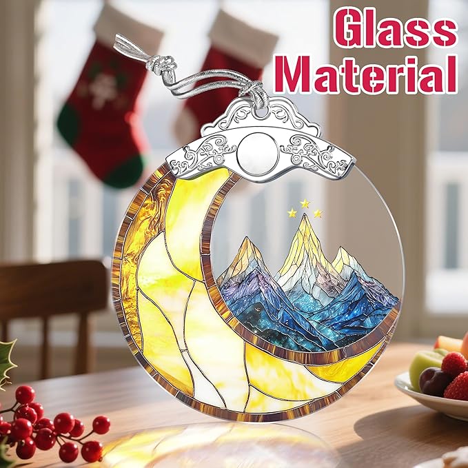 Christmas Ornaments: Stained Glass Ornament, Christmas Tree Ornament, Hanging Ornaments for Home Decor & Xmas Tree Decorations – Holiday Decor, Holiday Present - Mountains & Moon