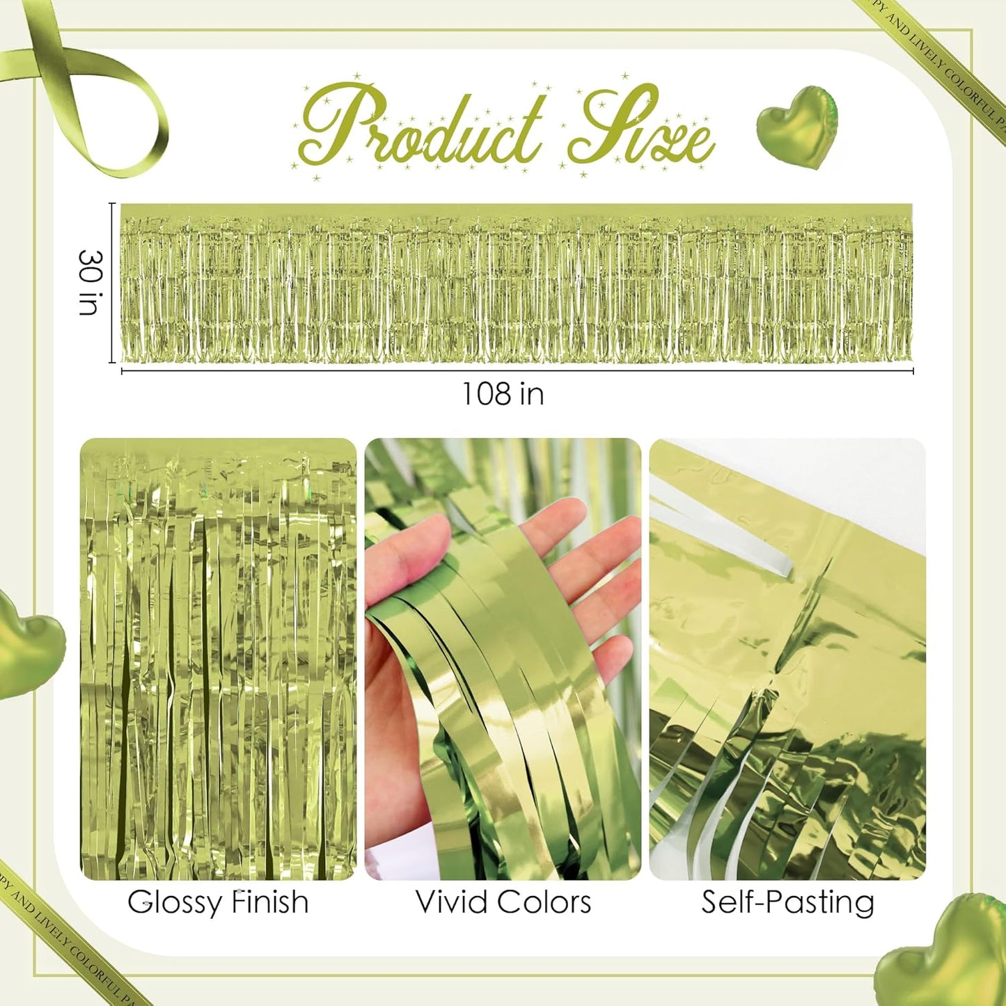 2 Pack Lime Green Table Skirts, 29x108" Metallic Foil Tinsel Fringe Table Skirt for Rectangle Tables Streamer Curtains Backdrop, Party Decorations for Birthdays, Weddings, Holidays