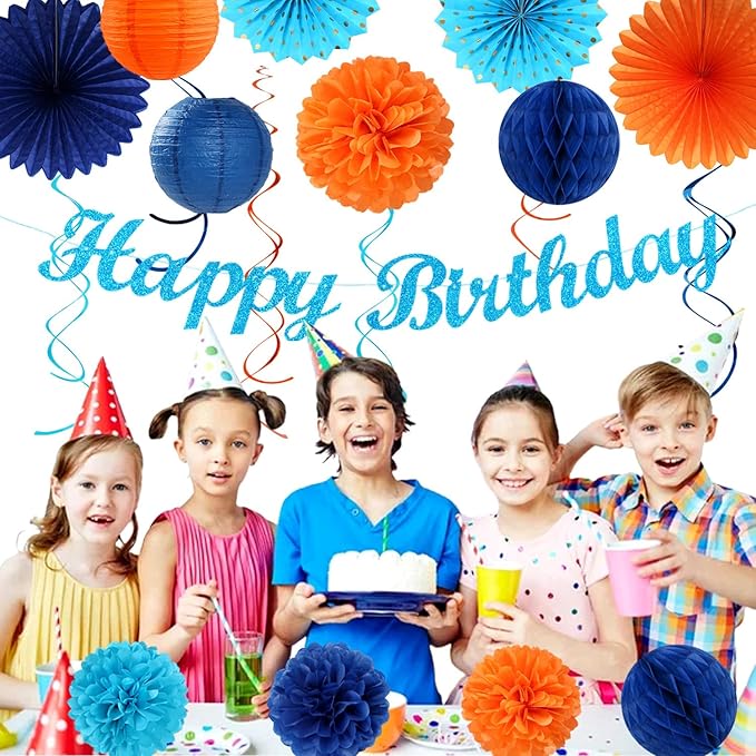 Orange Blue Men Birthday Decorations - 21pcs Happy Banner Garland,Bluey Paper Streamers Lanterns,Flower Tissue Pom Poms Fan Supplies,Hanging Wall Backdrop Party Decor Huglony