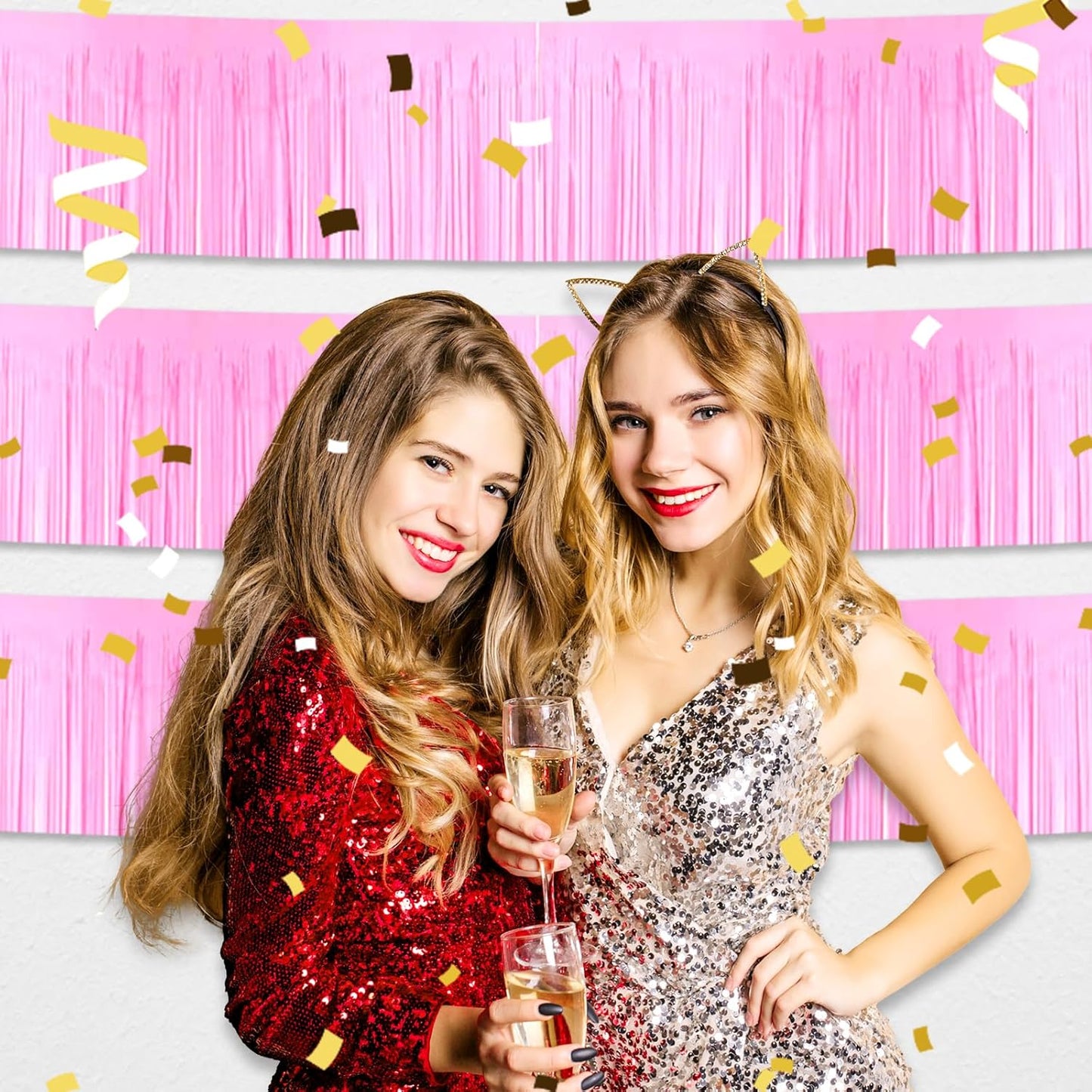 4 Pack 10 Feet Macaron Pink Foil Fringe Garland Metallic Tinsel Streamers Banner Wall Hanging Curtain Backdrop for Parade Floats, Wedding, Graduate, Mother's Day, Birthday Party Decoration