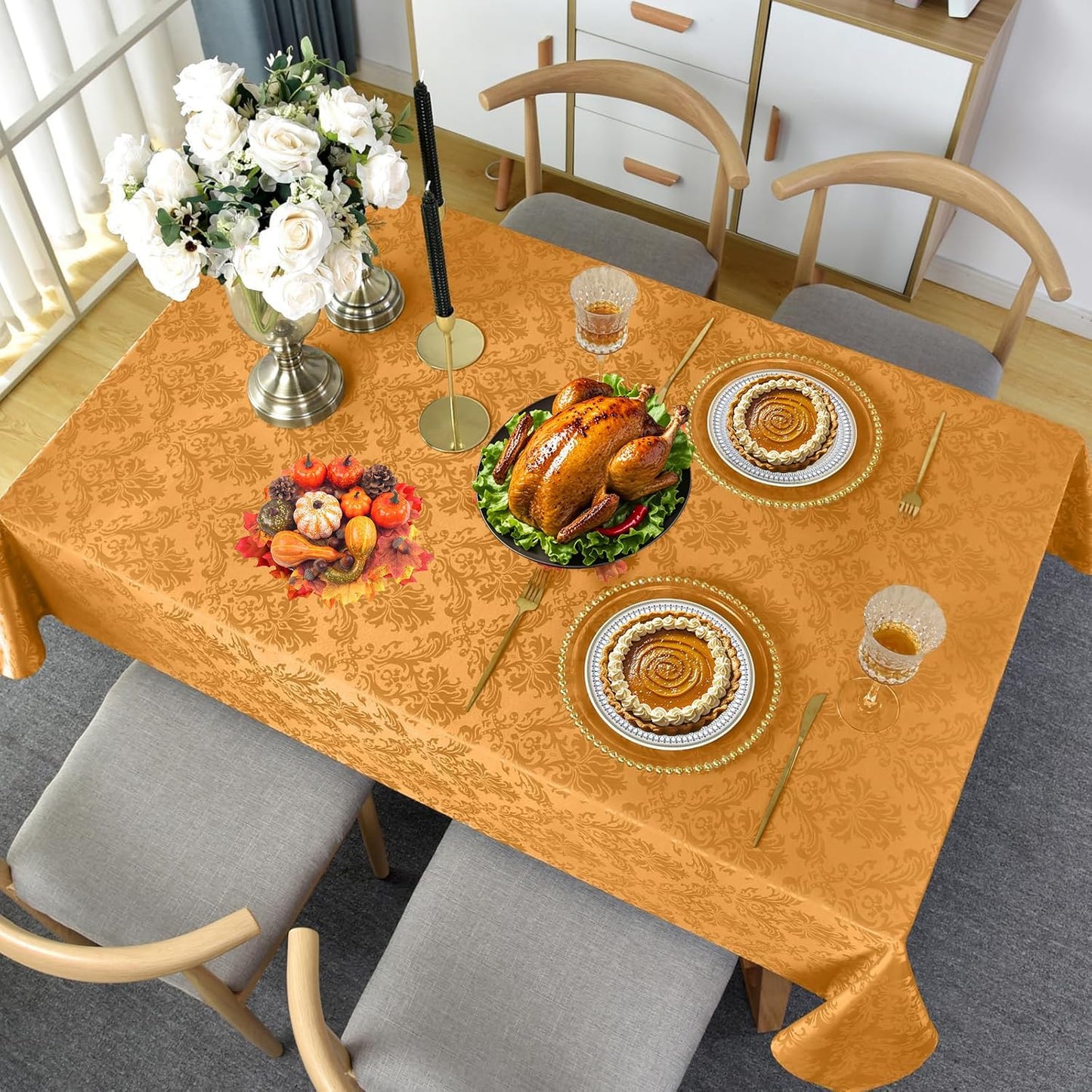SASTYBALE Amber Rectangle Jacquard Tablecloth, Spill Wrinkle Proof Damask Table Cloth for Rectangle Tables, Rectangular Harvest Fall Inddor Outdoor Tablecloths, 60x 102 Inch Amber