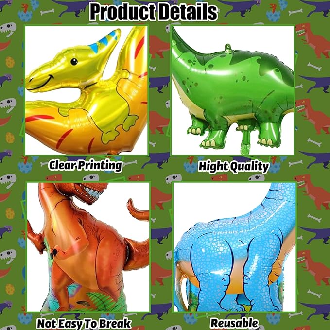 Dinosaur Foil Balloons Set (35-50 In), 6 Pieces Large Dinosaur Mylar Helium Balloons for Kids, Giant Cute Dino Birthday Party Decorations Kit for Boys Jungle Safari Theme Baby Shower Decor Supplies