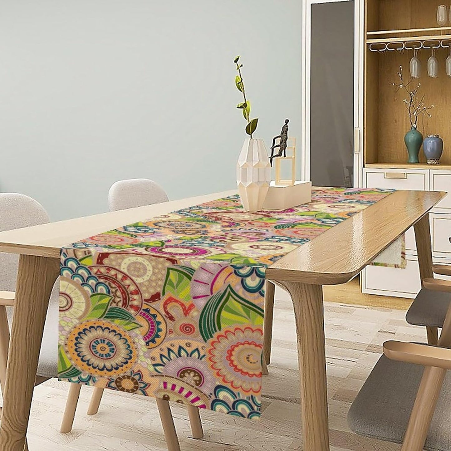 Boho Floral Table Runner,Retro Bohemian Flower Table Runner for Kitchen Dining Table Home Party Decoration 13x60 Inch