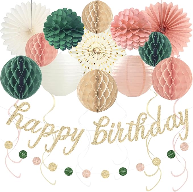 Pink Sage Green Happy Birthday Decorations, Pre-Strung Happy Birthday Banner with Honeycomb Balls, Paper Flowers, Lanterns, Hanging Swirls, Circle Dots Garland for Birthdays Party Decorations 24pcs