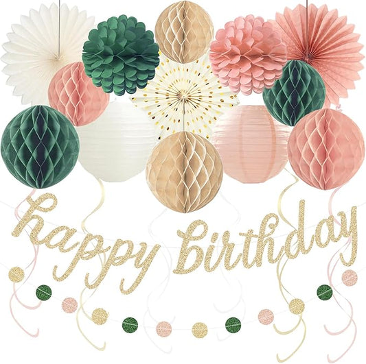 Pink Sage Green Happy Birthday Decorations, Pre-Strung Happy Birthday Banner with Honeycomb Balls, Paper Flowers, Lanterns, Hanging Swirls, Circle Dots Garland for Birthdays Party Decorations 24pcs