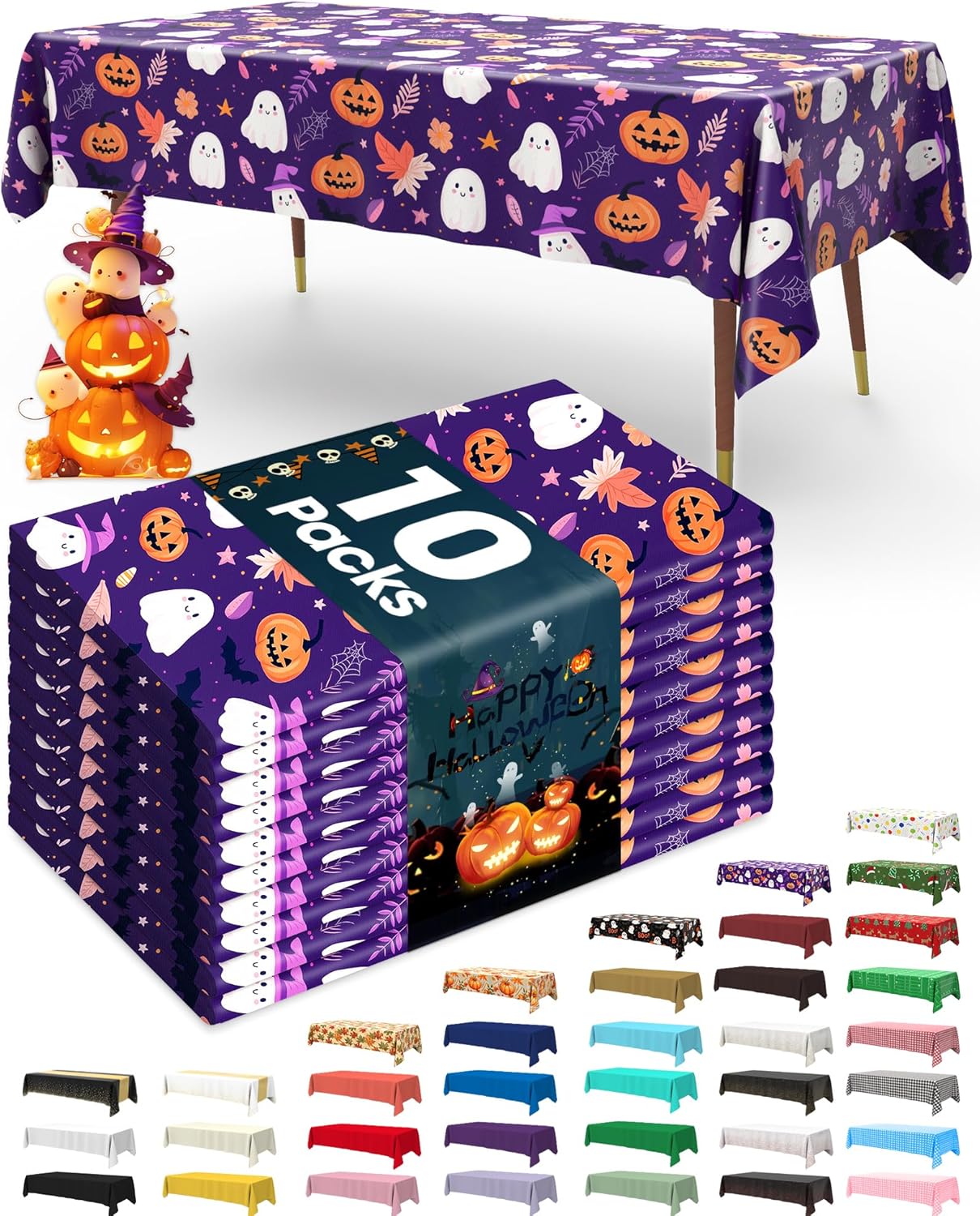 Pureegg Plastic Table Cloth Disposable 10 Pack, 54 x 108 Inch Table Cloths, Vampire Party Decorations, Halloween Tablecloths, Rectangle, Plastic Cover, Leakproof & Sturdy, Halloween Purple