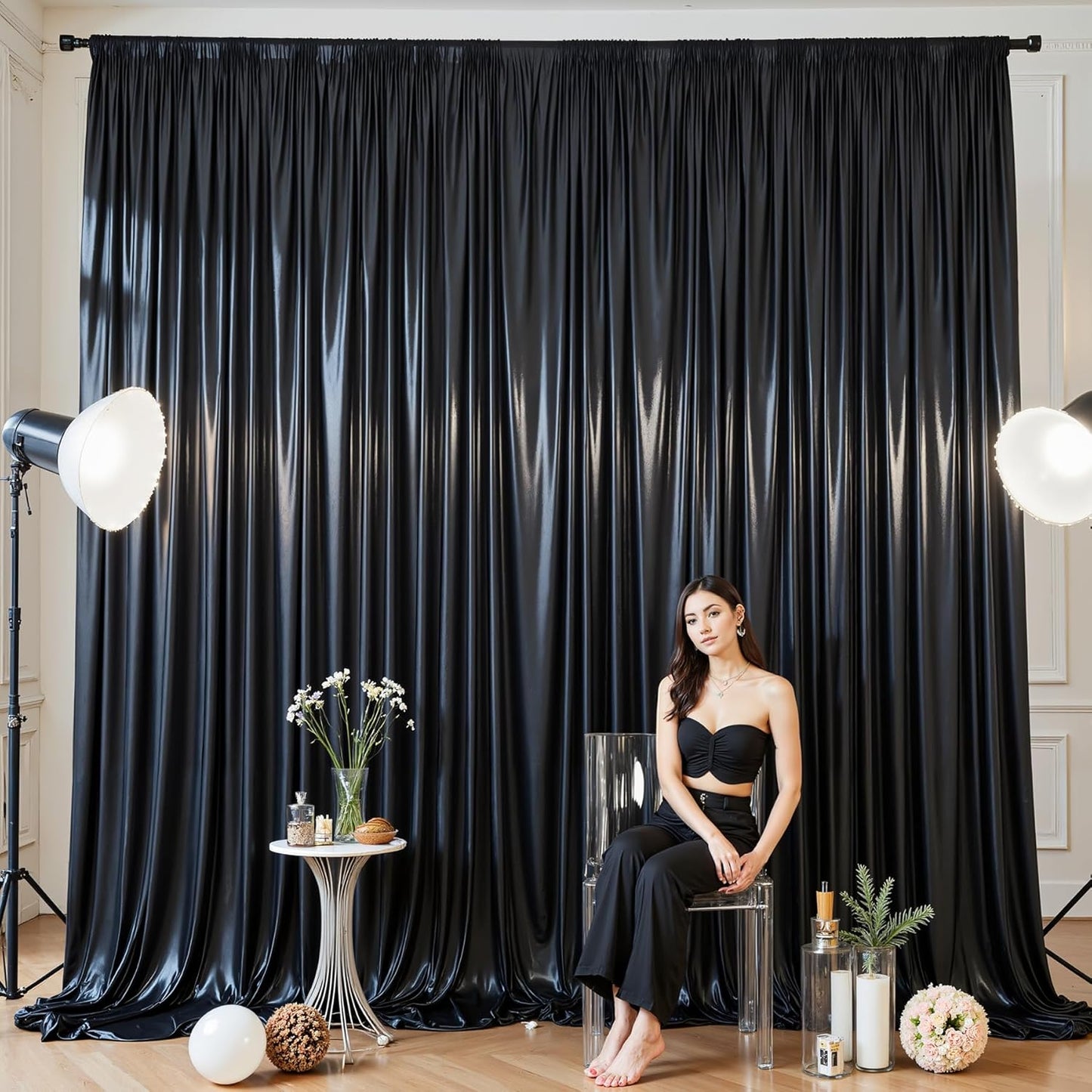 Black Glitter Backdrop Curtain for Parties Wedding,10Ft x 10Ft Satin Shimmer Photo Backdrop,Non-Wrinkle Sparkle Drapes for Backdrop,Back Drop for Photography, Birthdays,Weddings,Prom