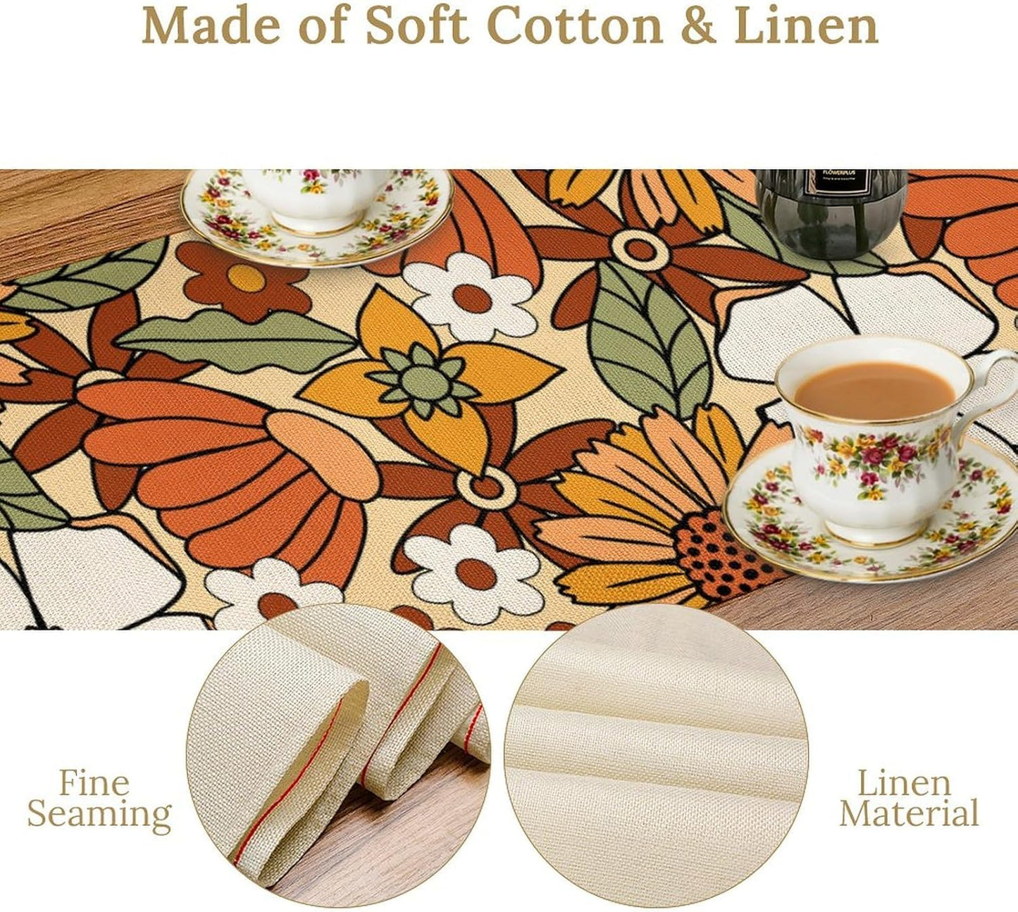 Vintage Floral Table Runner,Boho 70s Style Retro Flower Table Cloth Kitchen Dining Table Home Party Decoration 13x60 Inch