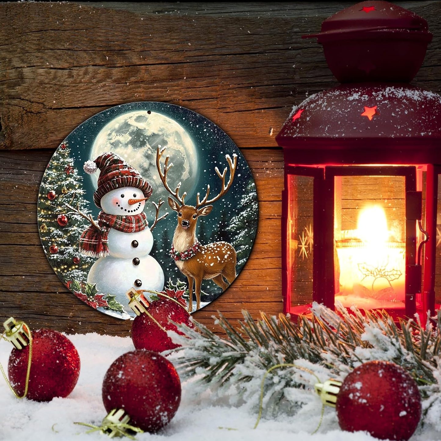 Christmas Snowman Decor Round Metal Tin Sign Christmas Deer Vintage Tin Sign for Home Coffee Wall Decor for Christmas Family Wall Decoration 8 * 8 in