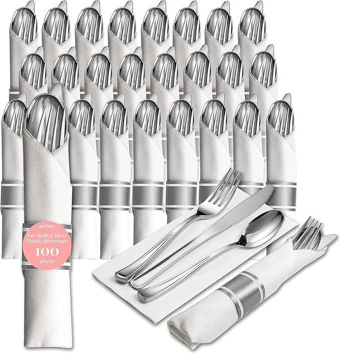 Prestee 25 Plastic Silverware Set, Pre-Rolled - 100pc Disposable Flatware with Forks, Knives, Spoons and White Napkins - Dinner Utensil Sets for Catering Supplies Buffet Display, Parties and Weddings