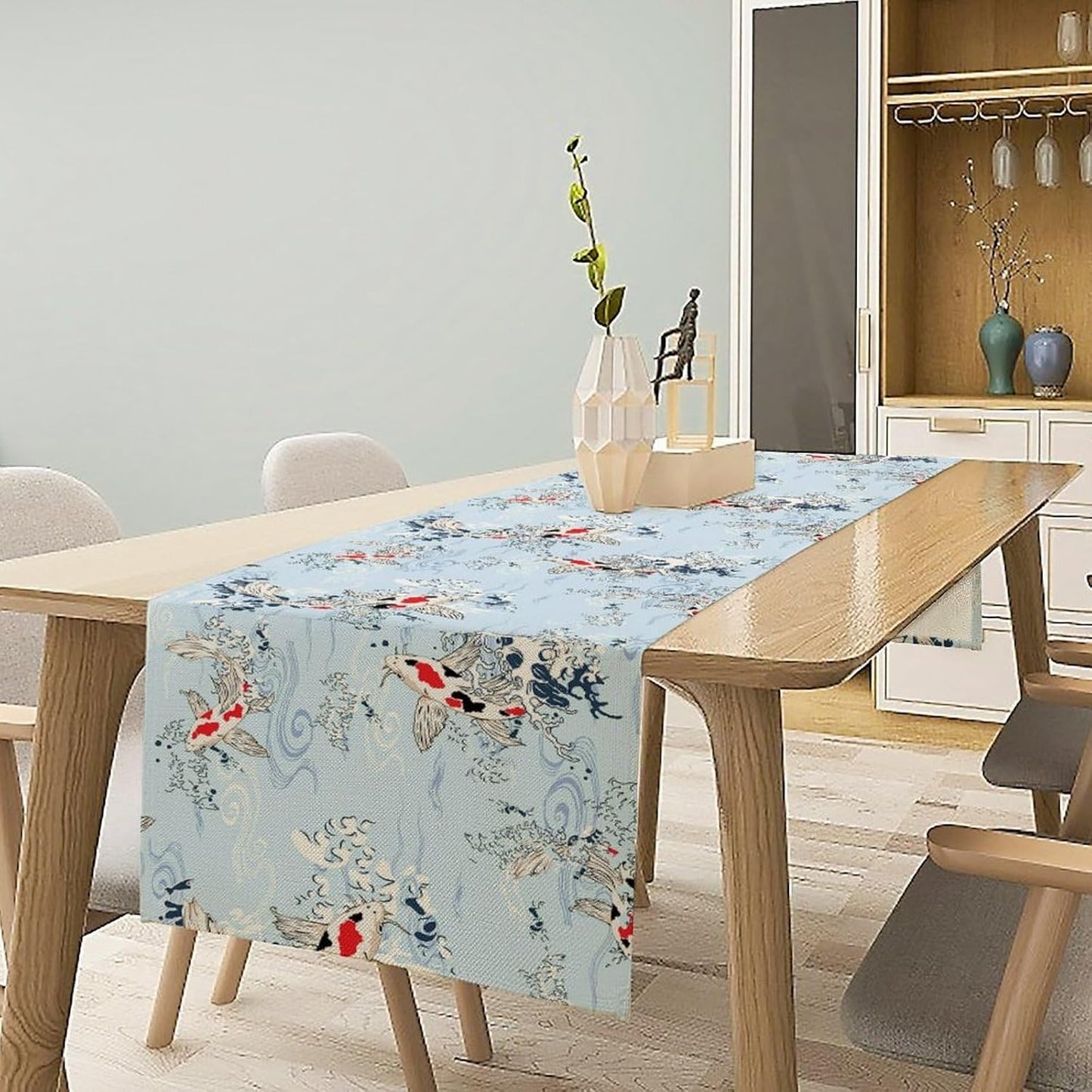 Kio Fish Table Runner Waves Retro Japanese Tradition Art Printed Burlap Runner Home Kitchen Dining Table Living Room Decor Fabric 1 Panel W13xL108in