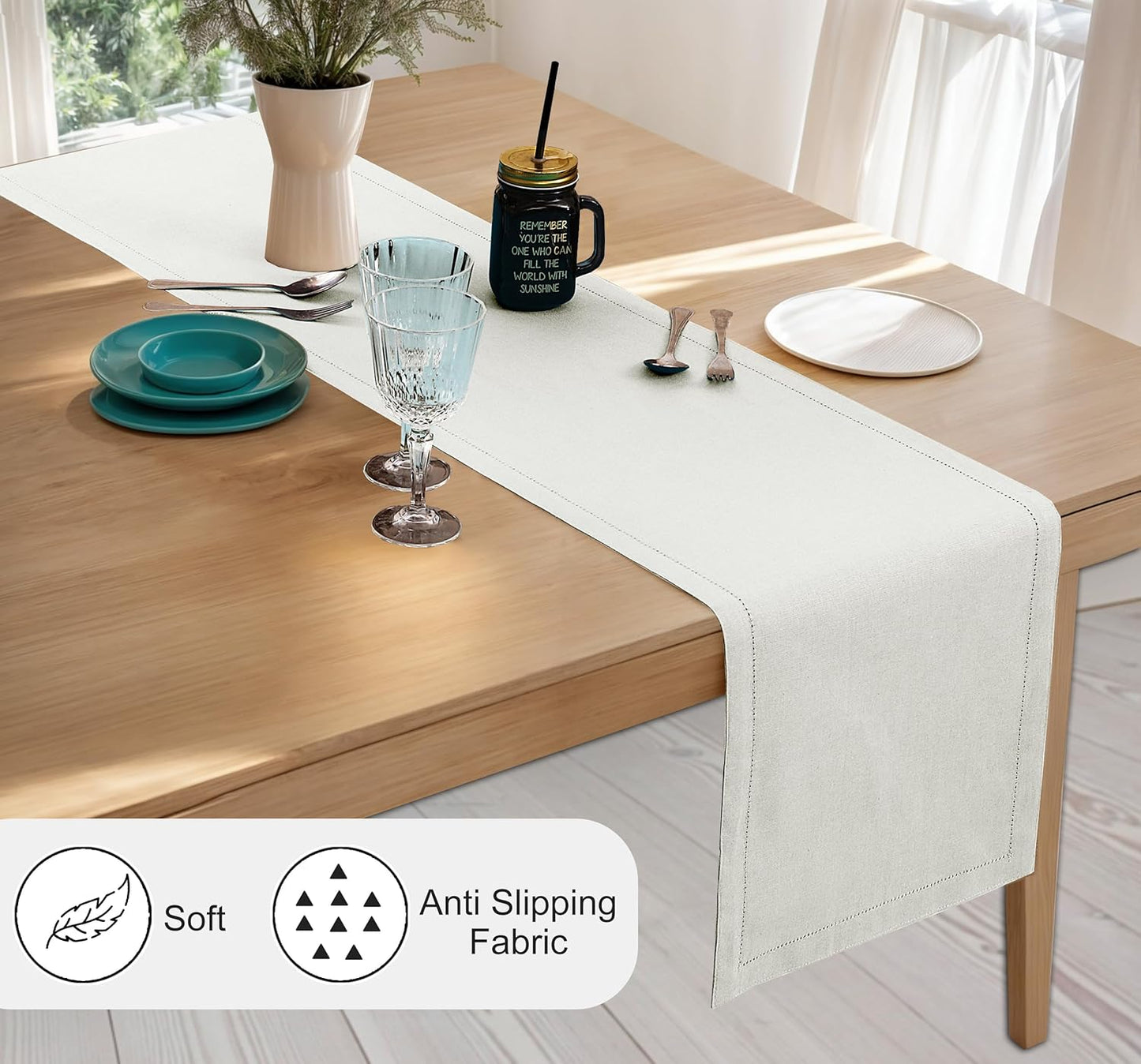 Ruvanti Linen Table Runner 72 Inches, Classic Hemstitch, Washable, Reusable, Non-Slipping, Stain Resistant- Perfect for Parties, Weddings, Dinners, Thanksgiving, Christmas, Indoor use – Ivory