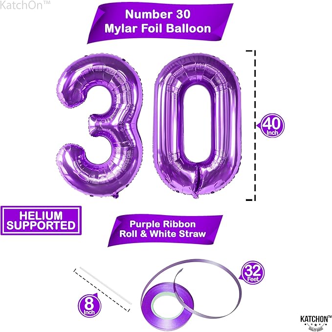 KatchOn, Purple 30 Balloon Numbers - 40 Inch | Purple 30 Balloons for Birthday | Purple 30th Birthday Decorations for Her | 30th Birthday Balloons for Her | Number 30 Balloons for 30th Birthday Decor