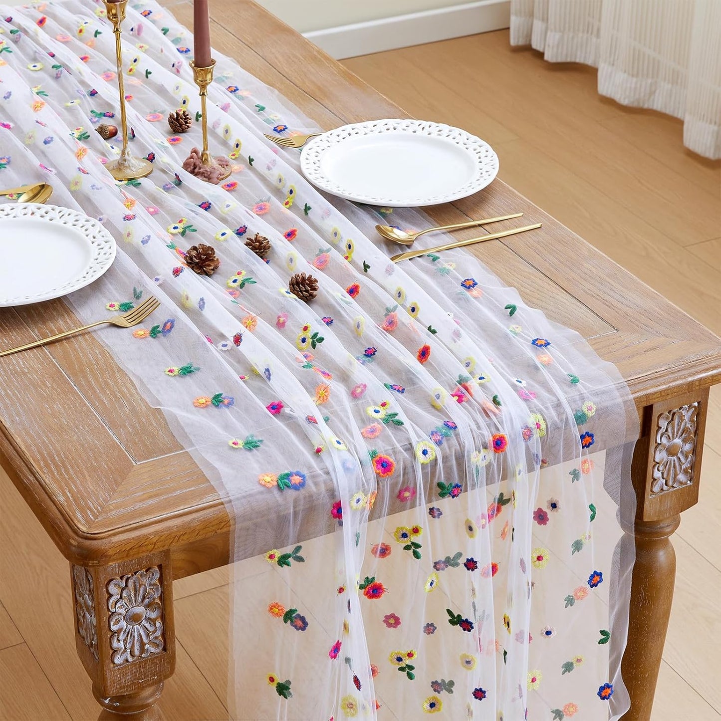 JIALE 3 Pack Ivory Floral Table Runner, Embroidery Daisy Seasonal Table Decorations, 120Inch 10FT Tulle Fabric for Home Decor, Bridal Shower Wedding, Baby Shower Parties, DIY Craft