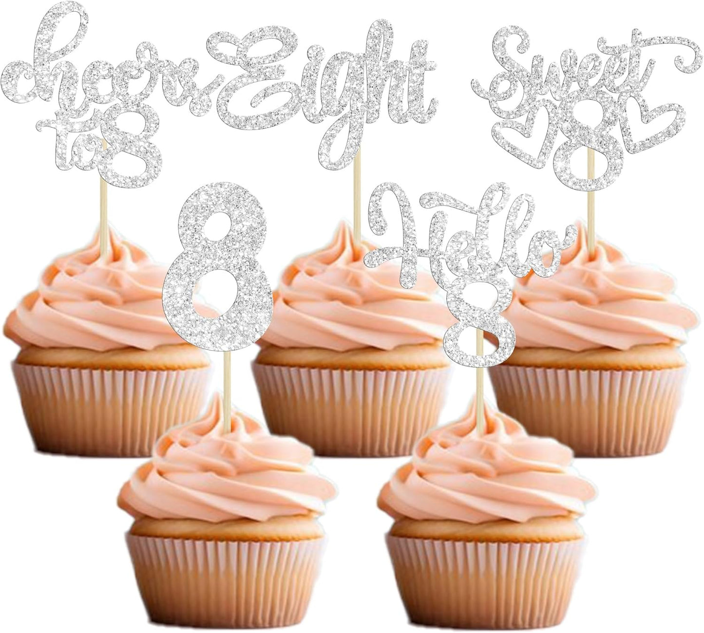 30Pcs 8th Birthday Cupcake Toppers Glitter Eight Hello 8 Cupcake Picks Cheers to 8 Years Old Cake Decorations for 8th Birthday Party Supplies Silver