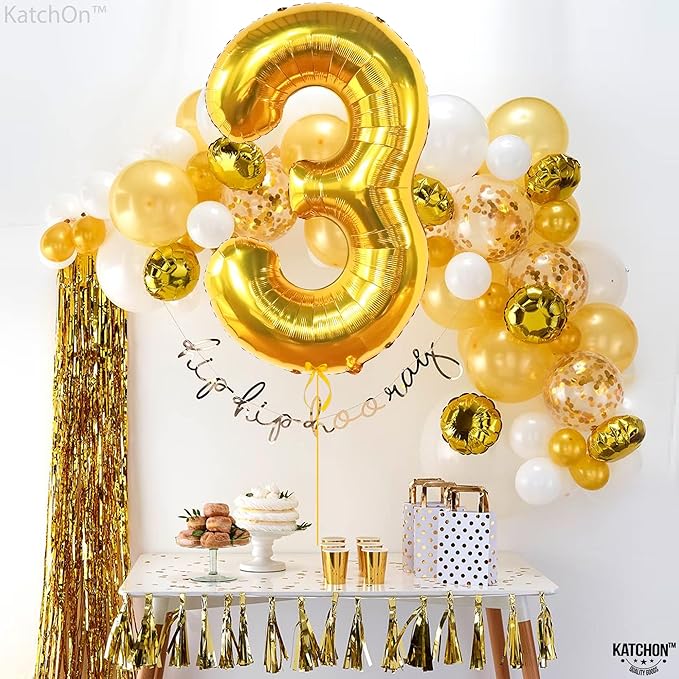 KatchOn, Giant Gold Number 3 Balloon - 40 Inch | Gold 3 balloon Number for 3rd Birthday party Decorations for Boys | Gold Three balloon, 3 Year Anniversary Decor | 3 Year Anniversary Decorations