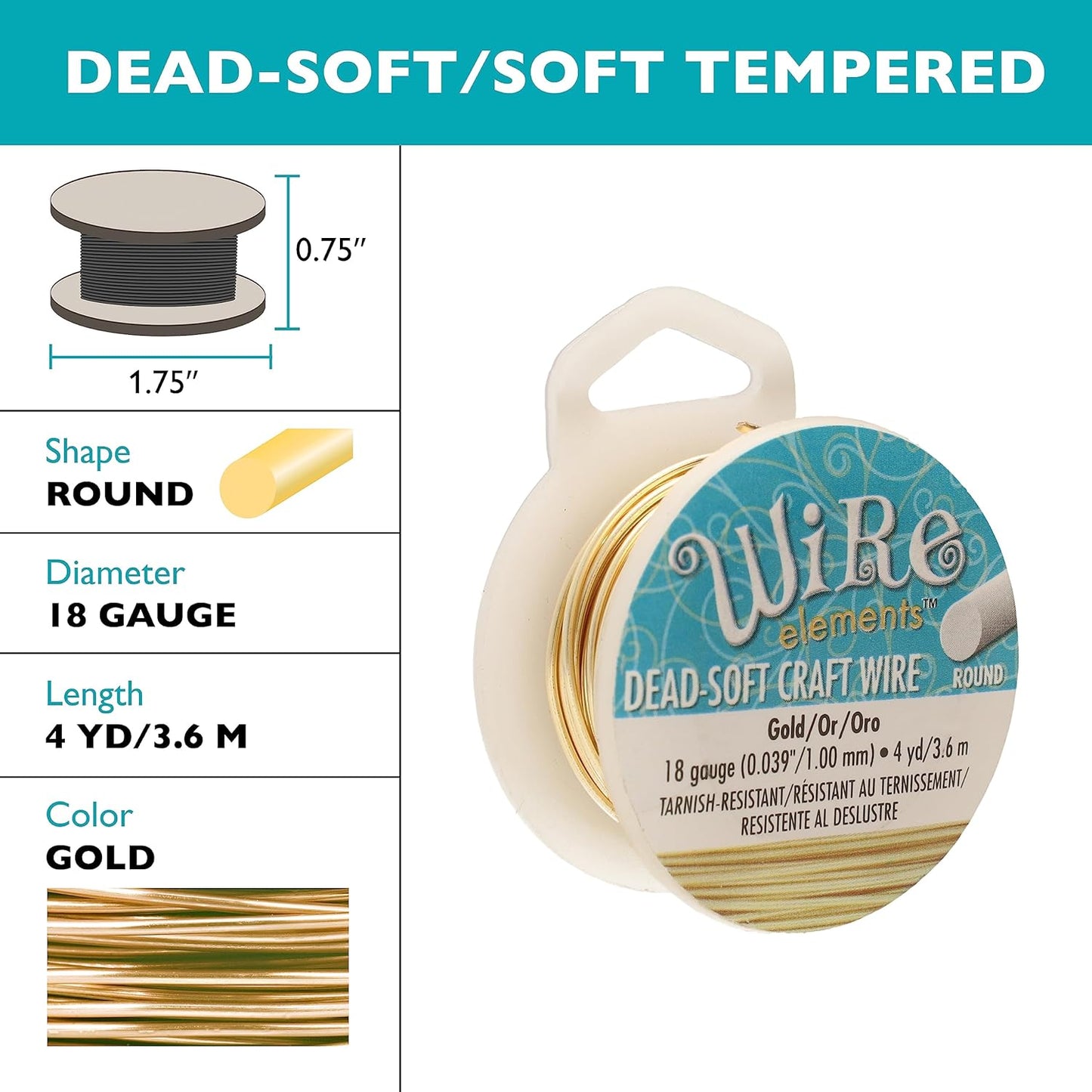 The Beadsmith Wire Elements Craft Wire – Tarnish Resistant, Soft Temper, Round, Gold Color – 1mm, 18 Gauge, 4 Yard Spool – Jewelry Making, Wire Wrapping, Floral, & Other DIY Crafts