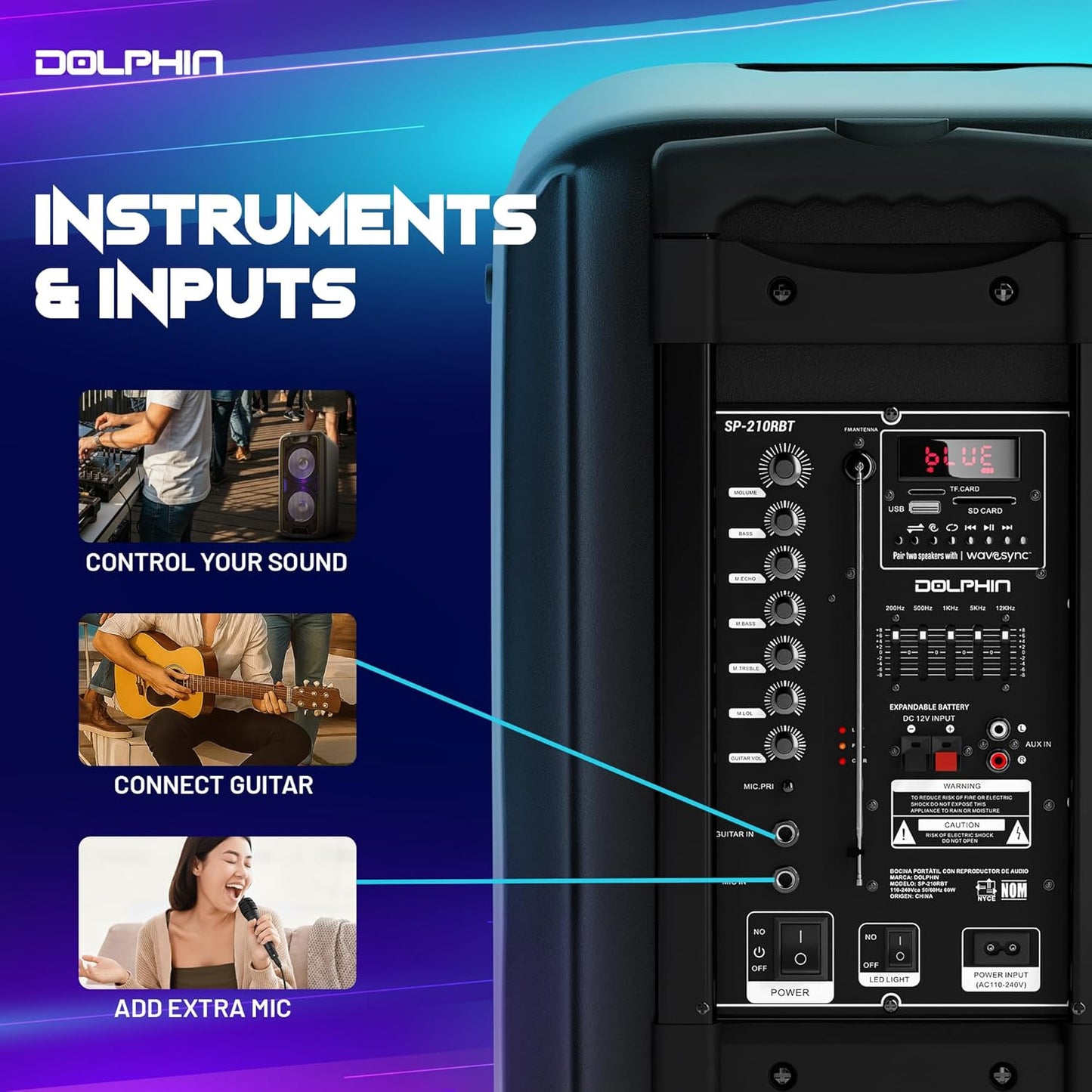 Dolphin 1000W Karaoke Party Speaker with 2 Wireless Microphones, Bluetooth, LED Lights, Tailgate Ready, and Long-Lasting Battery