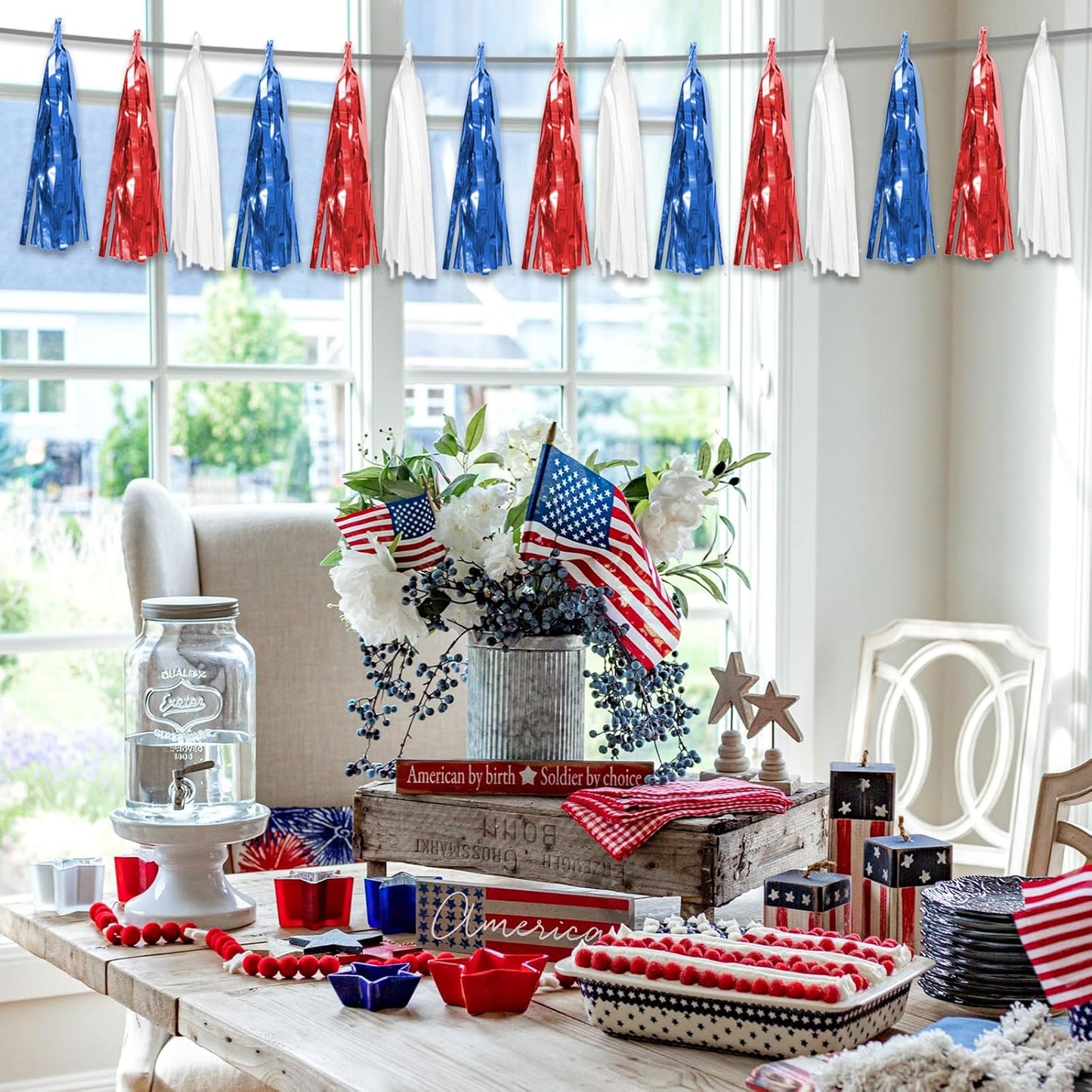 6P Red Blue White Foil Fringe Metallic Tassel Streamers Banner Tassel Garland for Parade Floats, Bachelorette, Wedding, Birthday, Graduation, Christmas, Bridal/Baby Shower Party Decorations