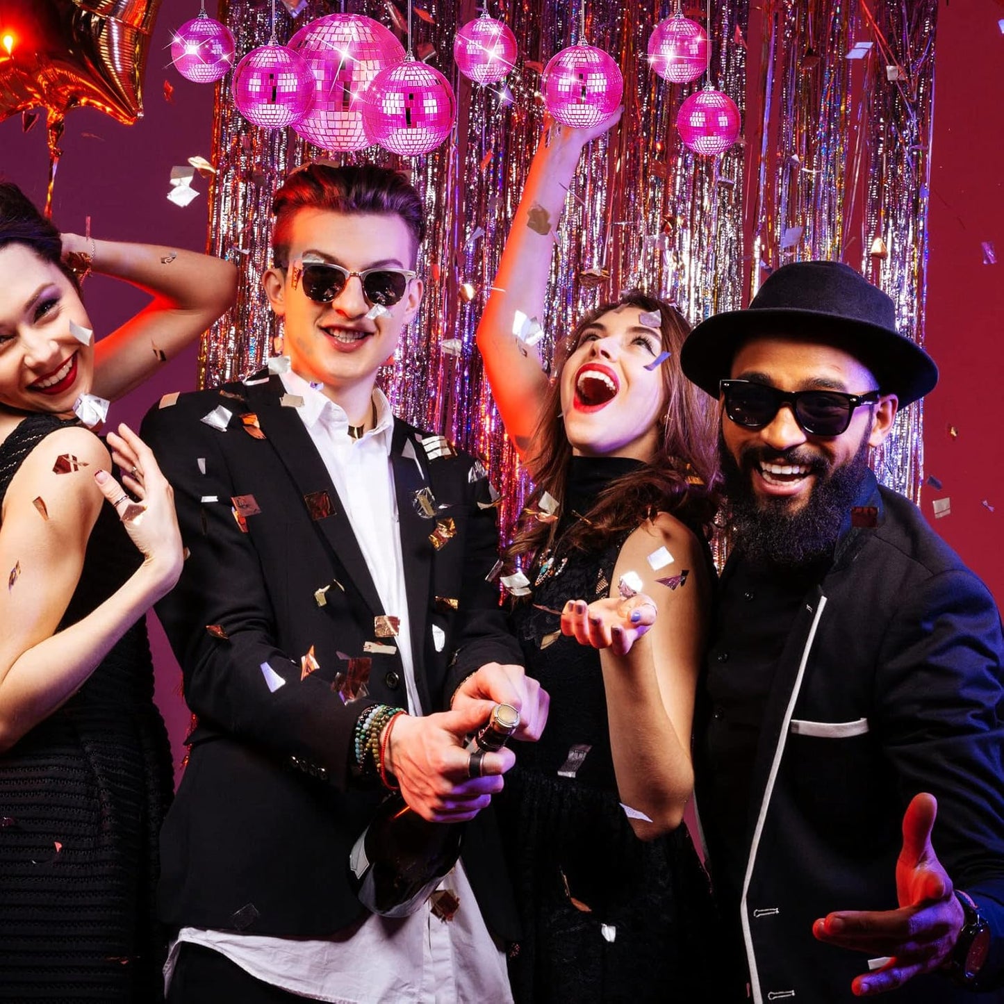 WILLBOND 12 Pack Disco Ball Mirror Ball with Hanging Ring for Fun Retro Disco Party Decorations Party Dj Lighting Effect Stage Props Game Accessories, 5.91", 3.94", 3.15", 2.36"(Pink)