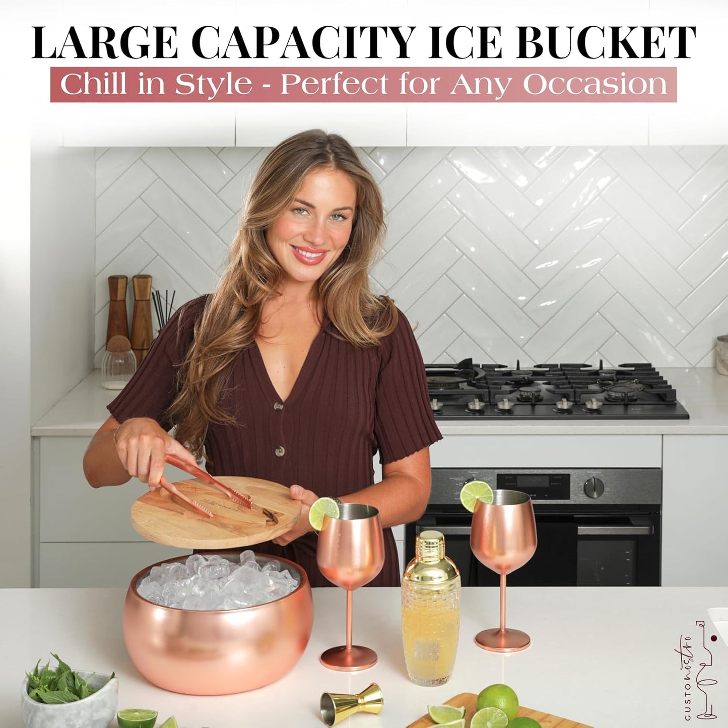 Gusto Nostro 4.1L Insulated Ice Bucket with Lid and Tongs, Double Wall Stainless Steel Ice Bucket Large, BPA Free Ice Bucket for Cocktail Bar, Keeps Champagne, Wine, Beer Chill for Parties (Rose)