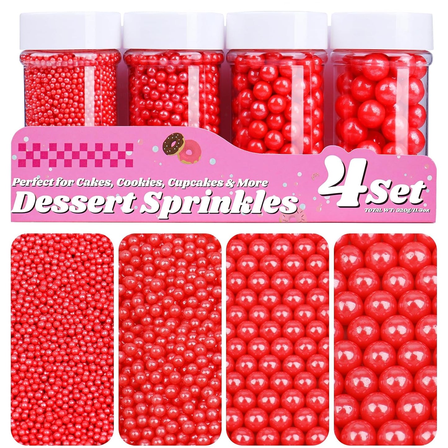 Red Pearl Sprinkles for Cake Decorating, 11.3 Oz Edible Pearls Sugar 4 Sizes Gift Box Set for Baking Cookie Ice Cream Cupcake Toppings