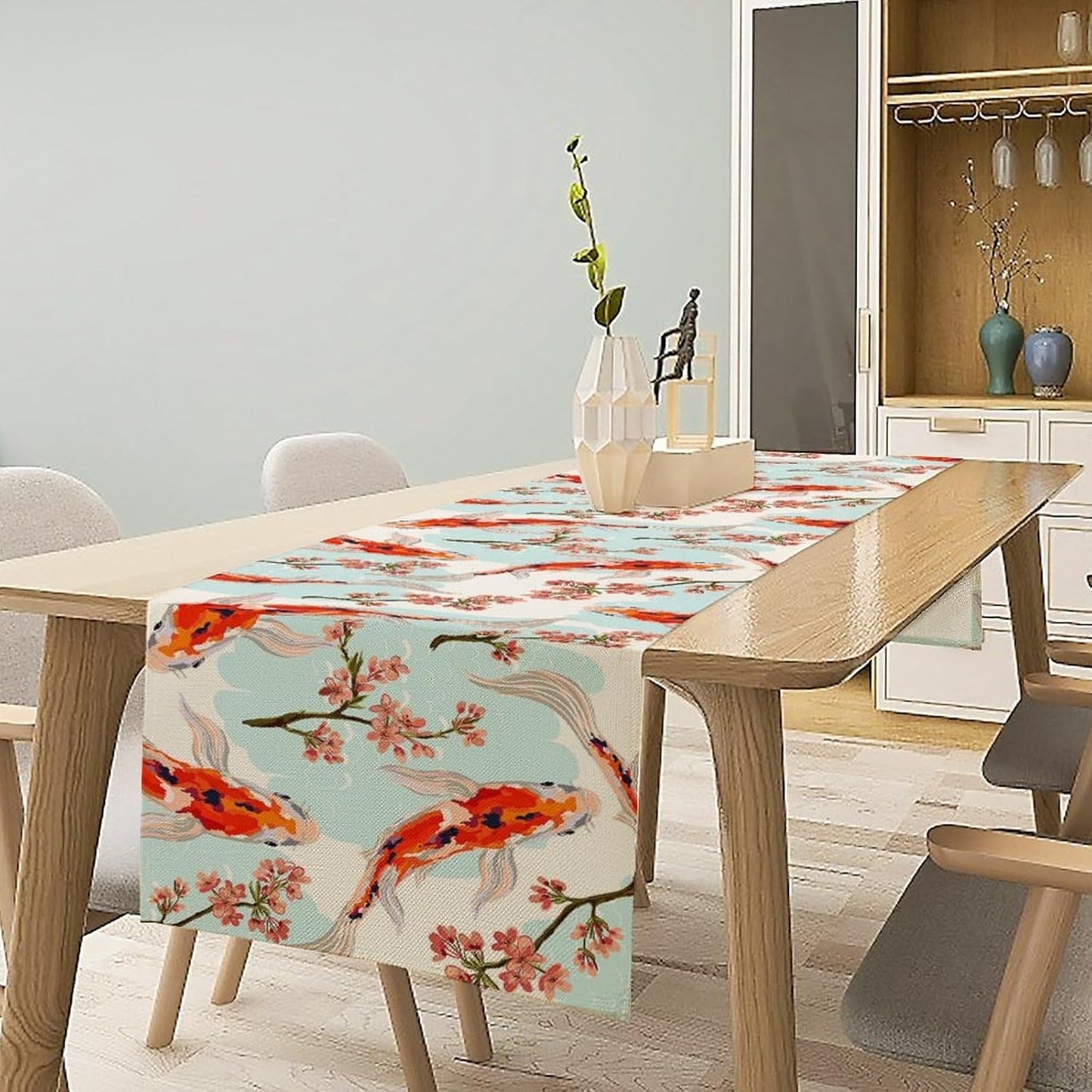 Japanese Kio Fish Table Runner Cherry Flower Art Printed Burlap Runner Home Kitchen Dining Table Living Room Decor Fabric 1 Panel W13xL120in