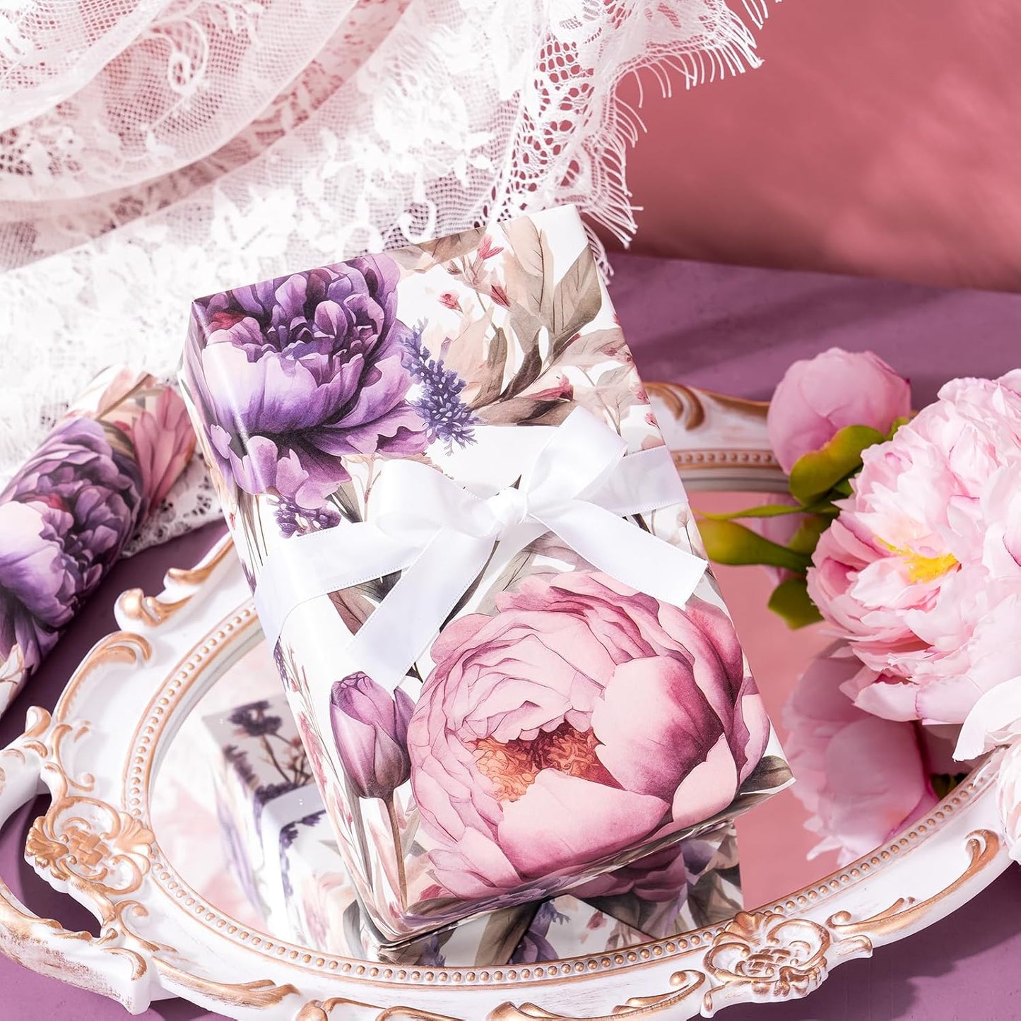 WRAPAHOLIC Kraft Floral Wrapping Paper - Mini Roll - 17 Inch x 16.5 Feet - Watercolor Lavender Flower Wrapping Paper for Wedding, Birthday, Bridal Shower, Tea Party, Drawer Liners, Home Closet Shelves