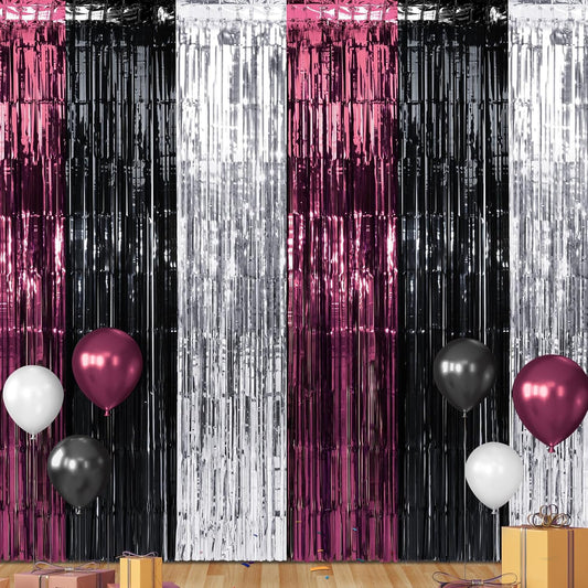 3 Pack 3.3Ft x 6.6Ft Graduation Foil Fringe Curtain Backdrop Decorations, Maroon Black Silver Metallic Tinsel Foil Streamers Curtain Photo Booth Background for Graduation Prom Wedding Birthday Party