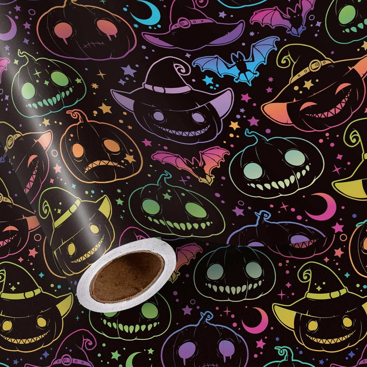 LeZakaa Halloween Pumpkin Wrapping Paper Roll, Neon Pumpkin Witch Hat Bat Pattern in Black, Glow-Like Gothic Kawaii Style Gift Wrap for Spooky Party & Candy Bags, Mini Roll 17 in x 16.4 Ft