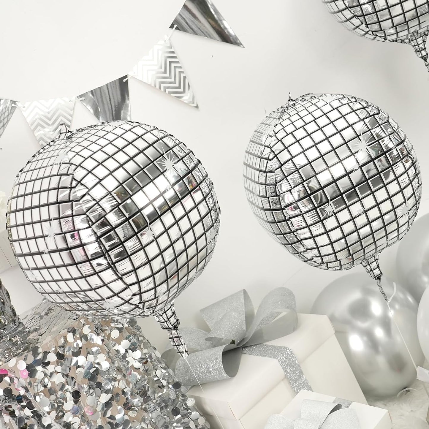 Disco Ball Balloons 4PC,Foil Disco Balloons 22 Inch 4D Round Metallic Silver Balloon for 70s 80s Birthday Bachelorette Graduation Decorations