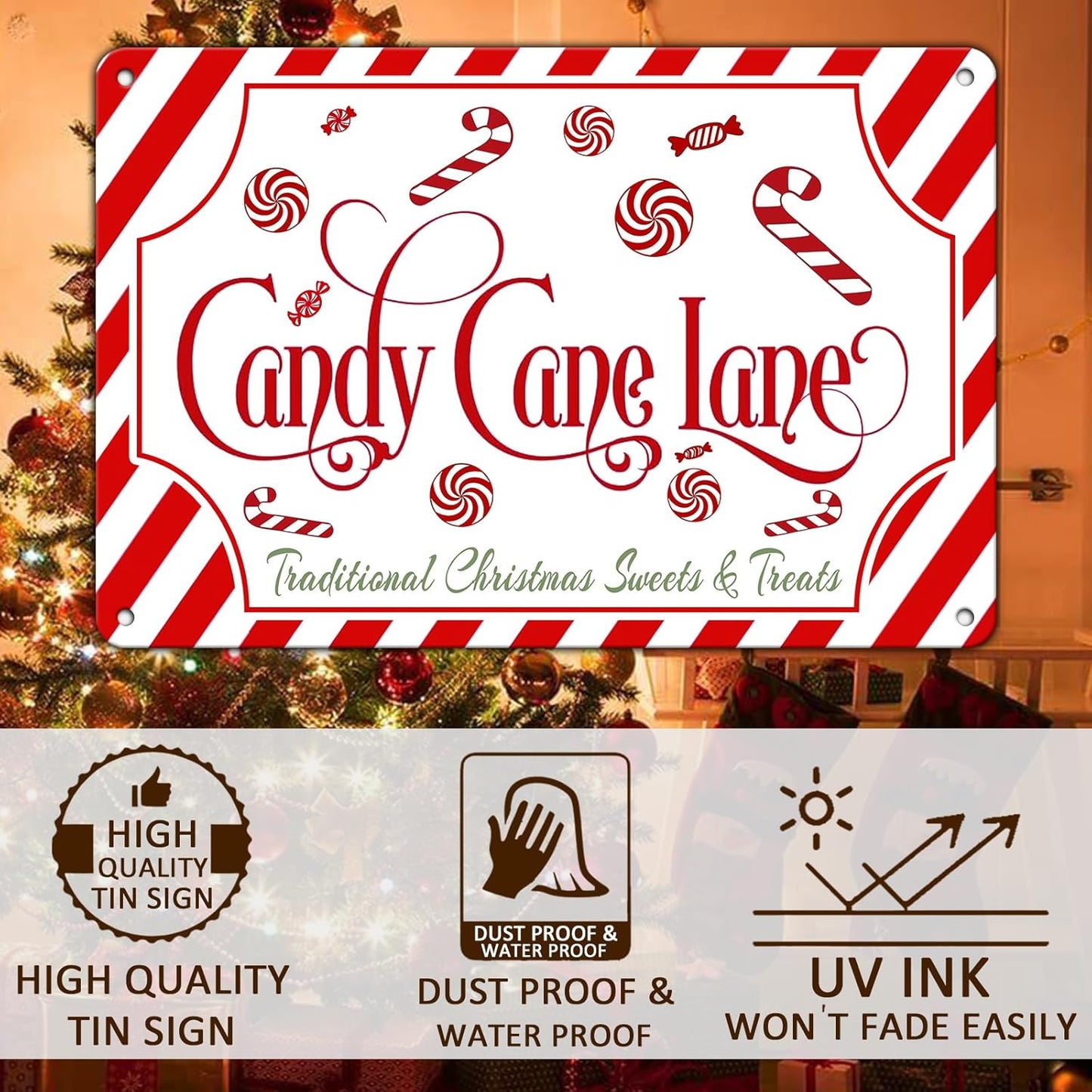 Christmas Candy Cane Lane Metal Tin Sign Traditional Christmas Sweets and Treats Winter Sign for Home Living Room Outdoor or Indoor Wall Decor Gift Christmas Candy Cane Lollipop 8x12Inch