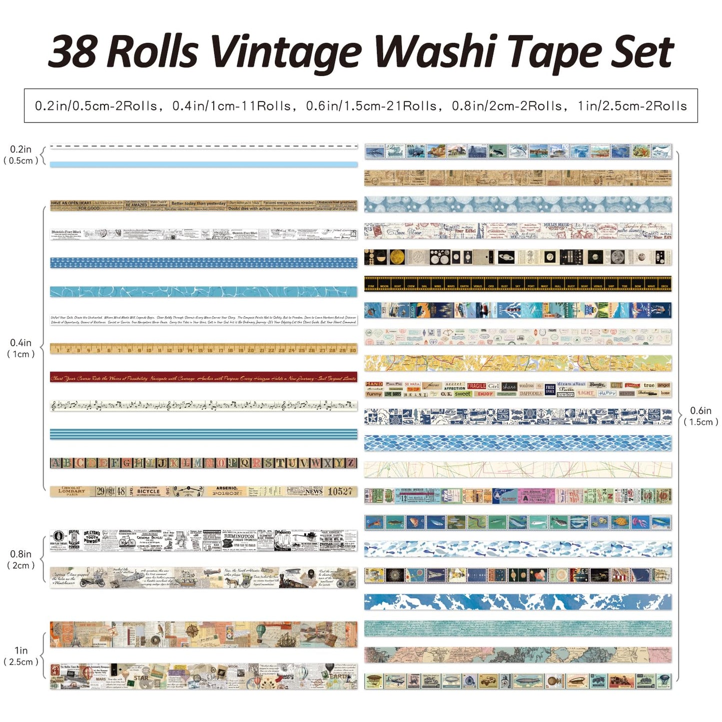 38 Rolls Vintage Washi Tape Set, Vintage Travel Stamp Map Scenery Art Letter Writable Decorative Tapes for Scrapbooking , Junk Journal Supplies, Bullet Journaling 5-25mm Wide 9.84ft long/Roll