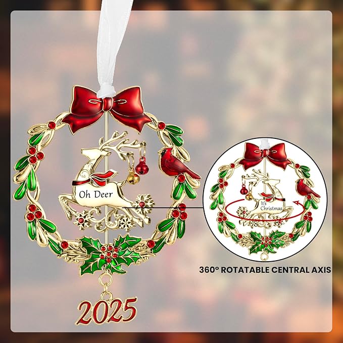 Christmas Tree Ornament Metal Silver Hanging Rotatable Design Charm Holiday Decorative Pendant Gift Keepsake (2025 Deer & Golden)