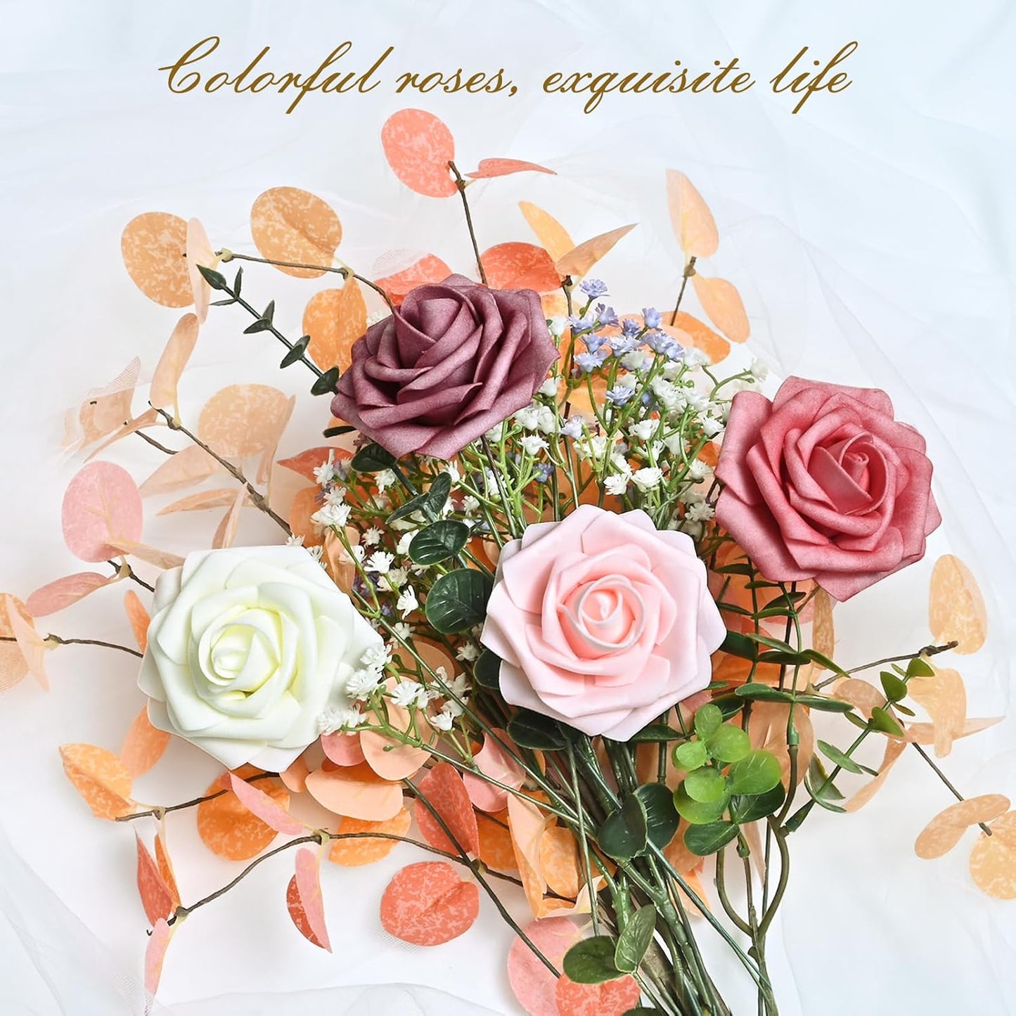 BLEUM CADE 16Pcs Artificial Flowers Fake Roses with Stems, Gradient Dusty Rose Boxed Foam Roses for DIY Bouquets Centerpieces Wedding Party Arrangement Bridal Shower Decor