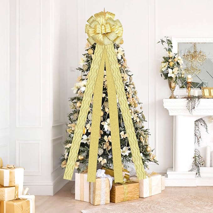 Dayker Christmas Tree Topper Bow, 51x13 Inches Handmade Gold Wreath Bows, Large Ribbon Ornaments with Wired Edge, Xmas Long Streamers Bowknot for Birthday Wedding Party Home Door Porch Decor