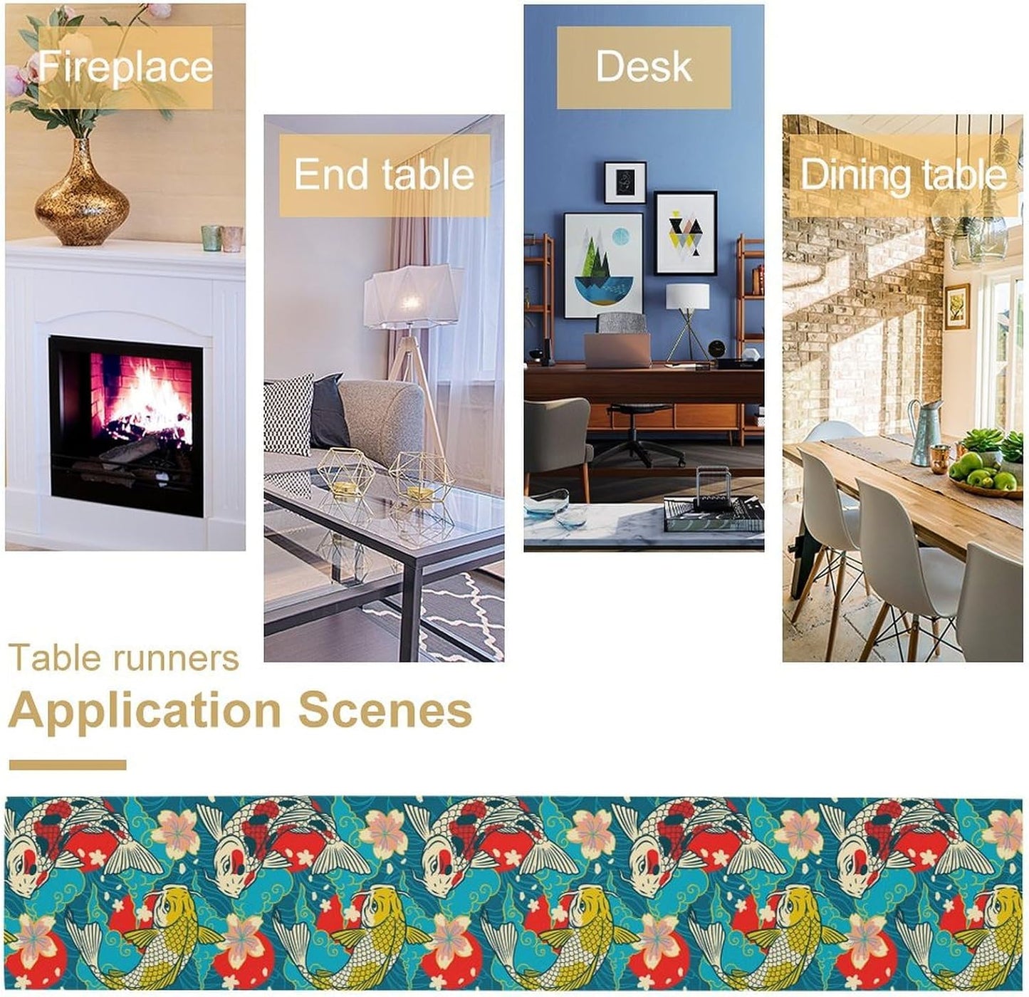 Japanese Kio Fish Table Runner Oriental Tradition Cherry Art Printed Burlap Runner Home Kitchen Dining Table Living Room Decor Fabric 1 Panel W13xL60in