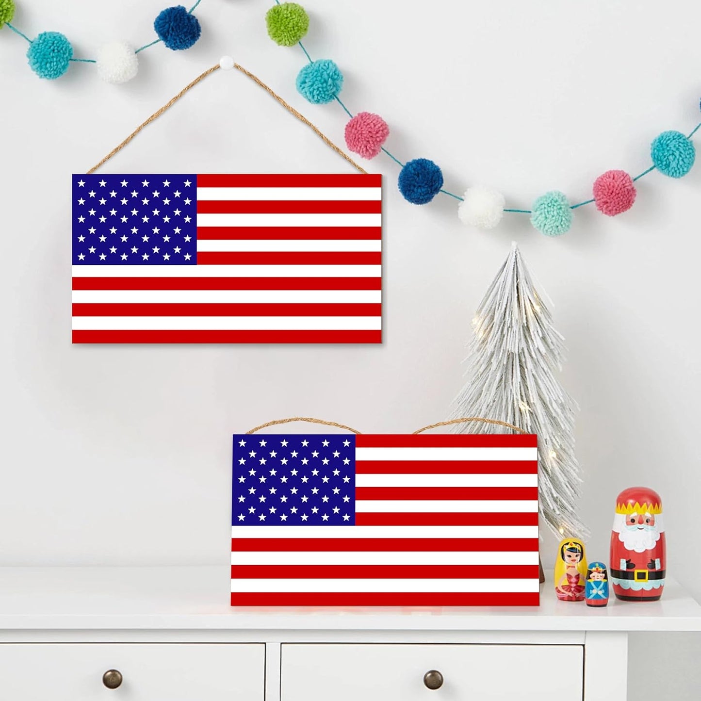 American Flag Door Hanging Sign，Farmhouse Patriotism Artwork Decorations Signs, Framed Indoor Outdoor Decorative Art Ornament for July 4th Independence Day, New Year, Holiday Party, Birthday