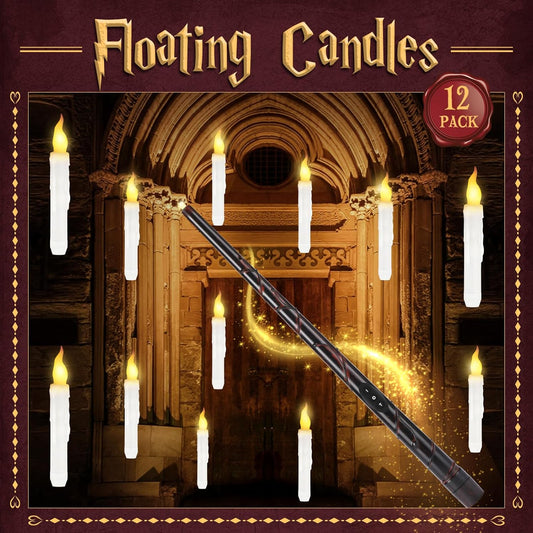 Halloween Decorations, Floating Candles with Magic Wand & 6H Timer Function,12 PCS Hanging Battery Operated Flickering Flameless Candles for Halloween Decor, Chrismas Party, Birthday, Wedding, Church