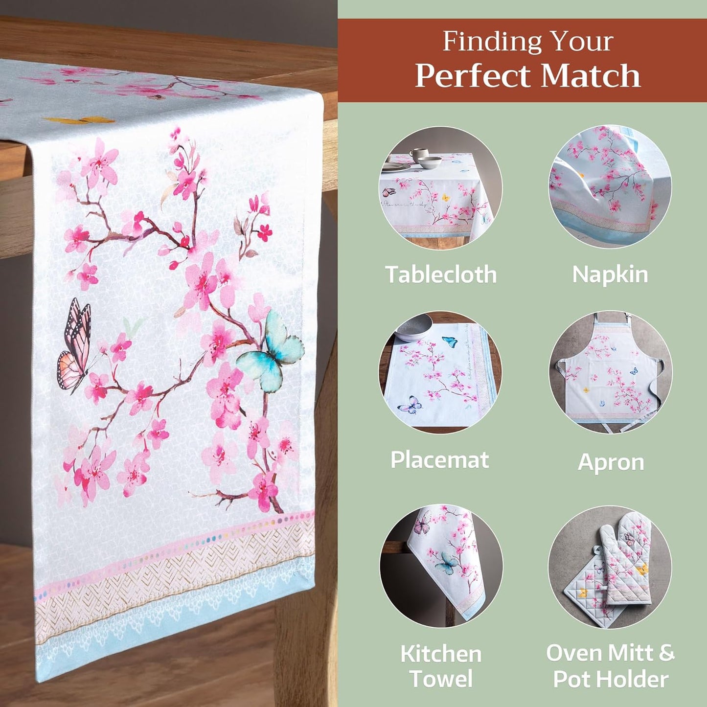 Maison d' Hermine Table Runner 100% Cotton Single Layer Table Runners 72 inches Long Decorative for Home Kitchen Dining Party Wedding Bridal Shower Spring Summer (Blossoms in Spring, 14.50" x 72")