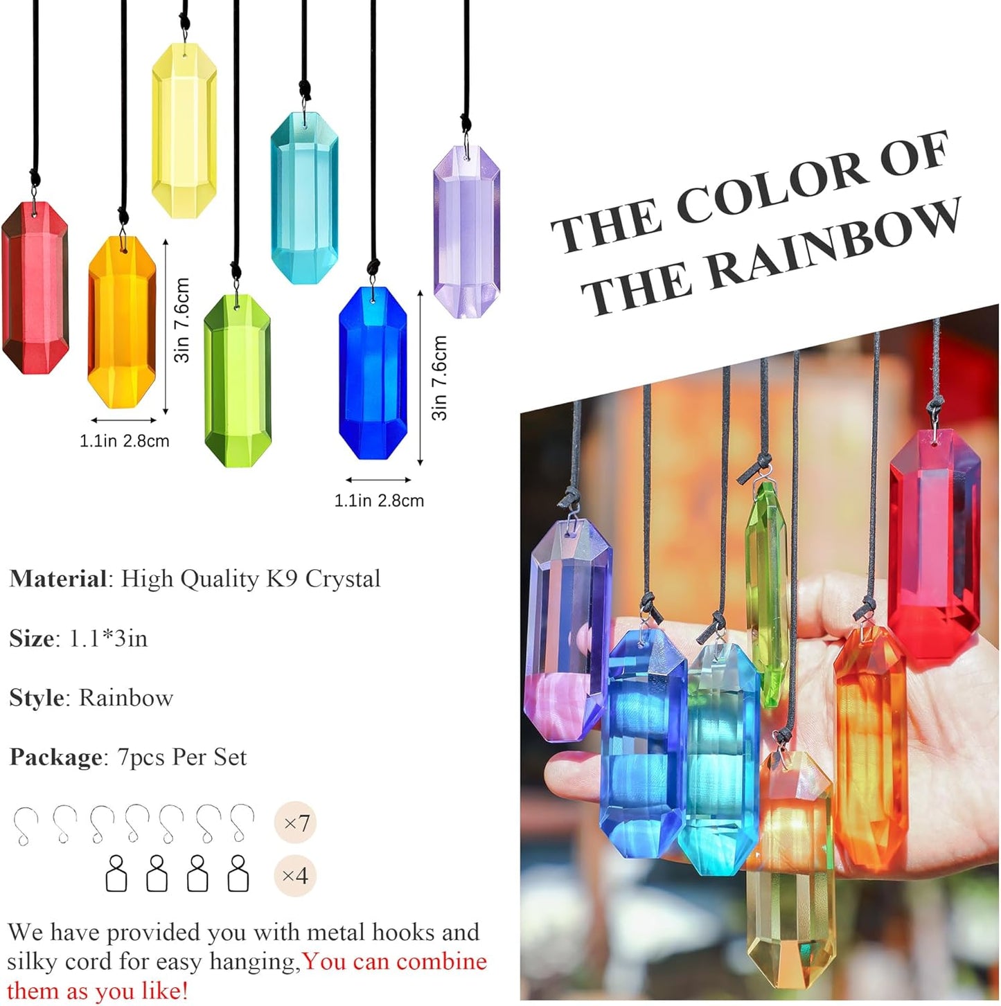HDCRYSTALGIFTS 7pcs Crystal Suncatcher Prisms 3'' Indoor Window Hanging Ornament Rainbow Glass Prism Sun Catcher Decor for Home Garden Healing Crystals