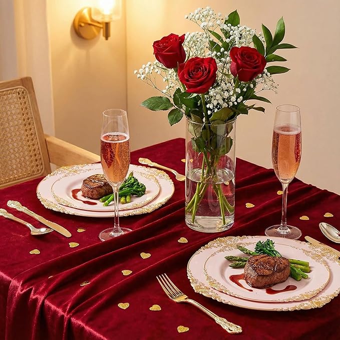 125PCS Pink and Gold Plastic Plates - Pink Disposable Plates - Vintage Plate with Gold Plastic Silverware Set for 25 Guests for Weddings Valentine's Day Parties