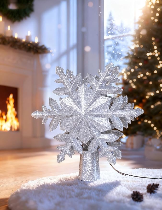 DG-Direct Christmas Tree Topper Lighted with 6 Projected Patterns, Led Rotating Magic Snowflake, 3D Hollow Glitter Lighted Silver Snow Tree Topper for Christmas Tree Decorations, Silver