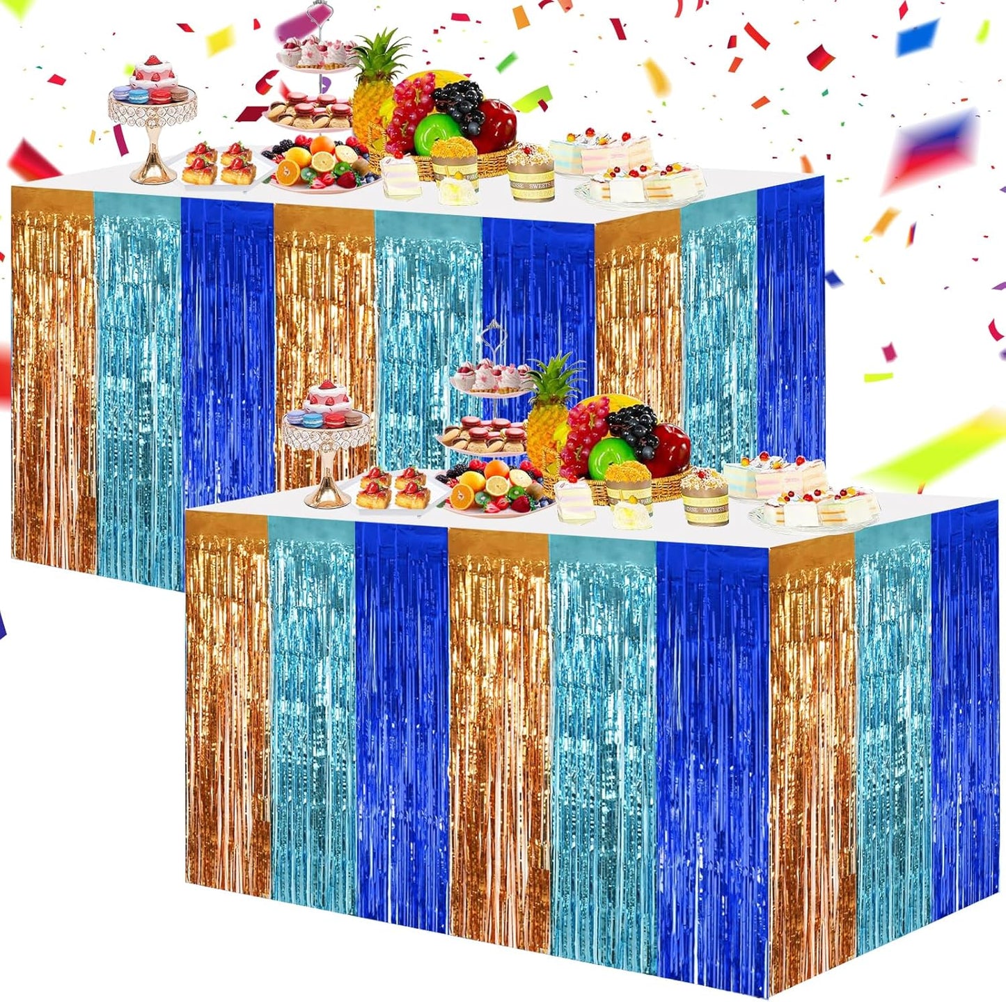 BEISHIDA 2 Pack Orange Blue Light Blue Table Skirts Party Decorations Metallic Tinsel Foil Fringe Table Skirts Table Decors for Rectangle and Round Table Birthday Holiday Party Cartoon Party