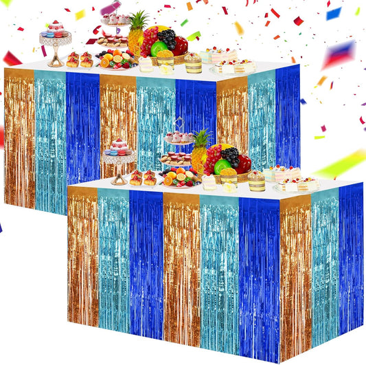 BEISHIDA 2 Pack Orange Blue Light Blue Table Skirts Party Decorations Metallic Tinsel Foil Fringe Table Skirts Table Decors for Rectangle and Round Table Birthday Holiday Party Cartoon Party