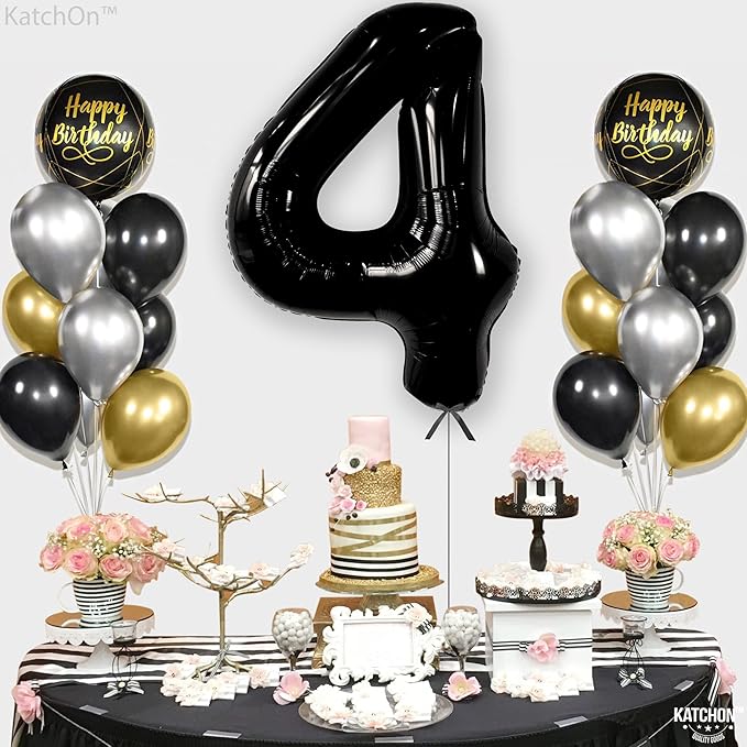 KatchOn, Black Number 4 Balloons - Giant, 40 Inch | Black 4 Balloon Number, 4th Birthday Decorations Boy | 4 Year Old Balloon, 4th Birthday Decorations for Boys | Halloween Birthday Party decorations